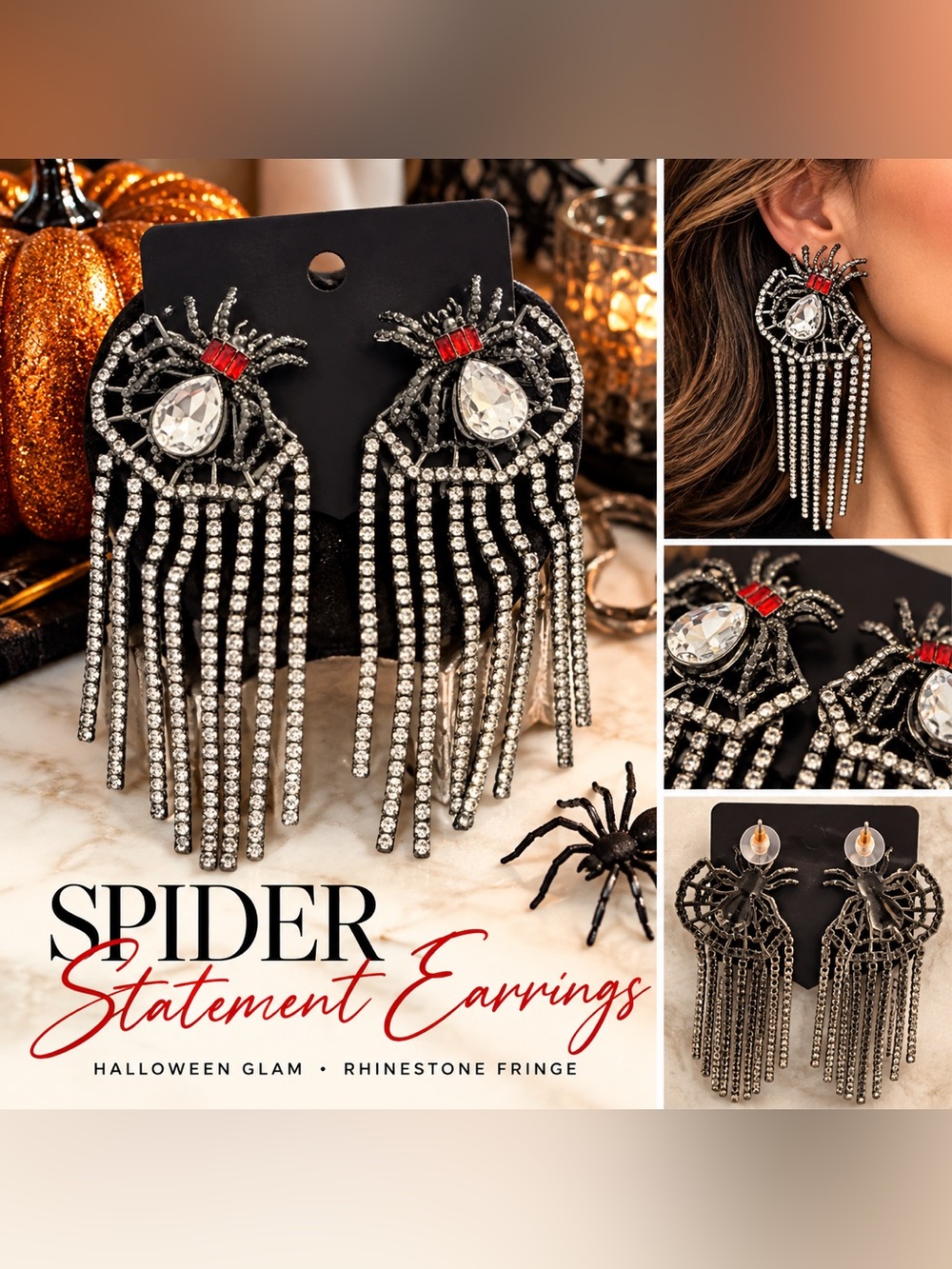 Rhinestone Spider Web Fringe Statement Earrings Halloween Glam